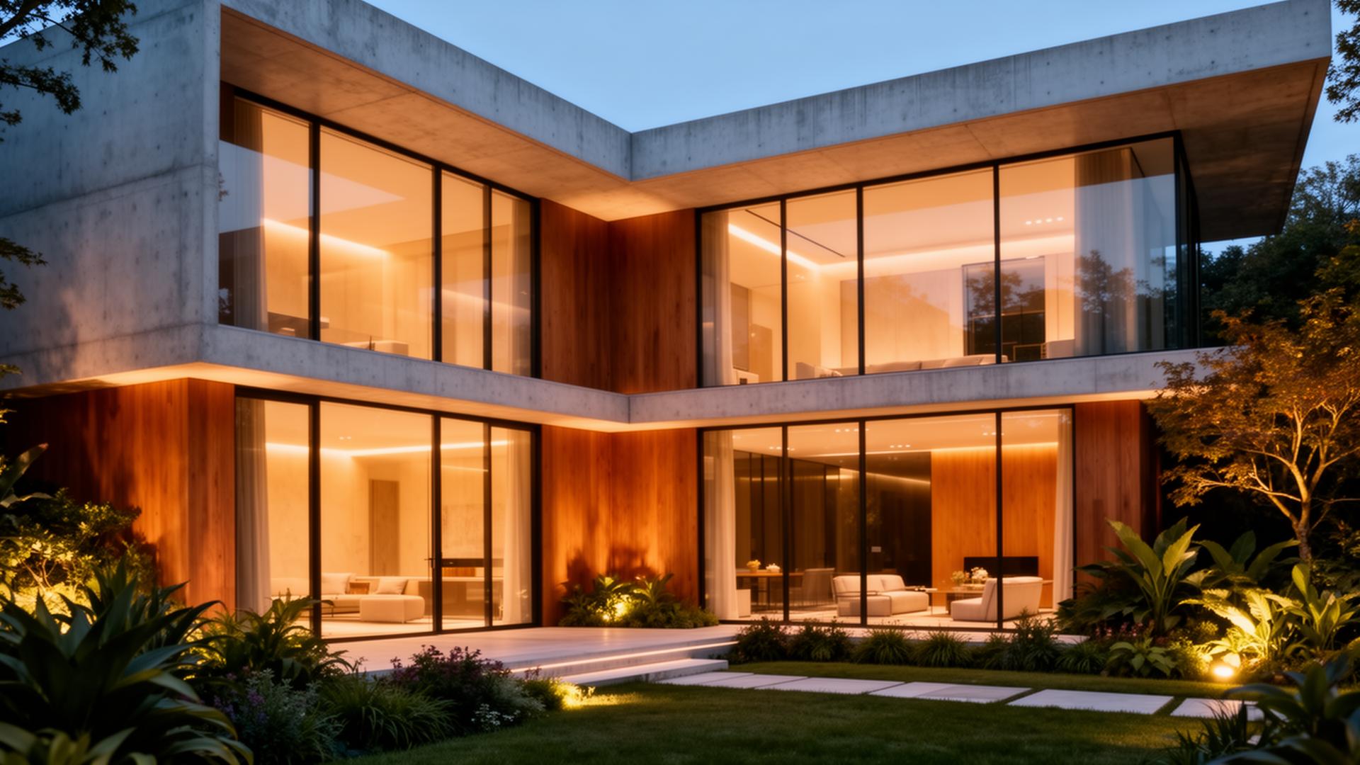 Residência contemporânea com fachada em concreto, madeira e grandes panos de vidro